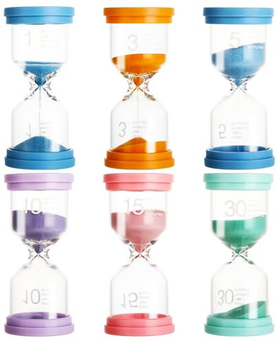 Lot de 6 Sablier Coloré Minuteur 1/3/5/10/15/30 Minutes – Minuteur de Cuisine et Sablier Enfant pour Brosser Les Dents, École, Bureau, Activités Chronométrées