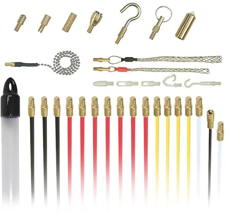 Super Pro 16M Cable Access Rod and 17pc Attachments Accessories Kit Set - 16 x 1m Rods, Electric Wire Puller, Cable Installation Access Fishing Tool, Electrical Fish Tape, Electricians Tools