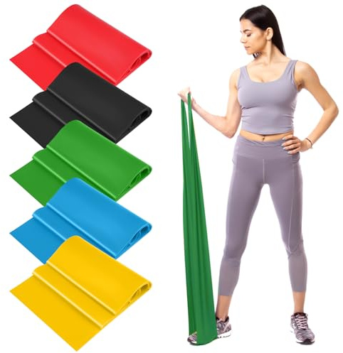 Set de 5 Bandas Elasticas Pilates, 1.5 M Cintas Elasticas con 5 Niveles de Resistencia, Elastica Fitness, Goma Elastica Ejercicio para Pilates, Yoga, Entrenamiento de Fuerza, Musculacion, Fisioterapia