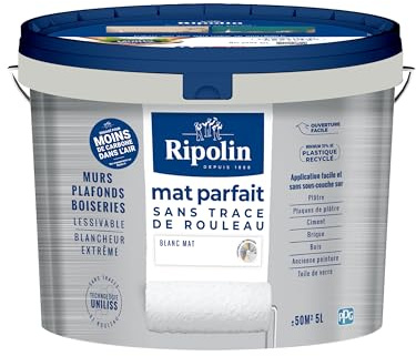 RIPOLIN Mat Parfait - Peinture intérieure pour Murs & Plafonds - Blancheur Extrême - Sans Trace de Rouleau - Technologie UNILISS - Lessivable - Mat - 5L - Blanc