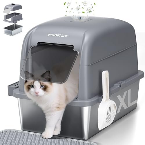 MeoWant Arenero Gatos Cubierto de Acero Inoxidable, Arenero Gato Grande con Pala y Estera de Doble Capa, Inodoro Cerrado en Forma de U, Inodoro Extraíble de 81 L con Pedal, Pala y Tapete (Gris)