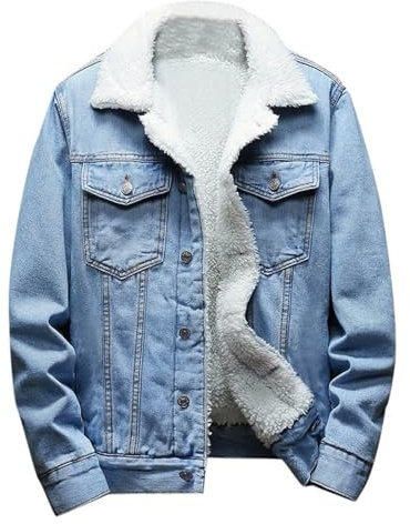 Men's Denim Jacket Sherpa Fleece Lined Coats Loose Winter Thermal Warm Coat Thick Lapel Collar Button Down Outerwear with Pockets Solid Color Long Sleeve Work Jackets
