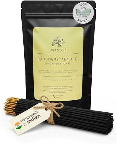 Incensera Set d’encens 100 encens Baton (5x20) – Safran, Vanille, Lilas, Cool Water & Forêt Tropicale – Encens Naturel, Longue durée, Parfait pour méditation, Yoga et Relaxation