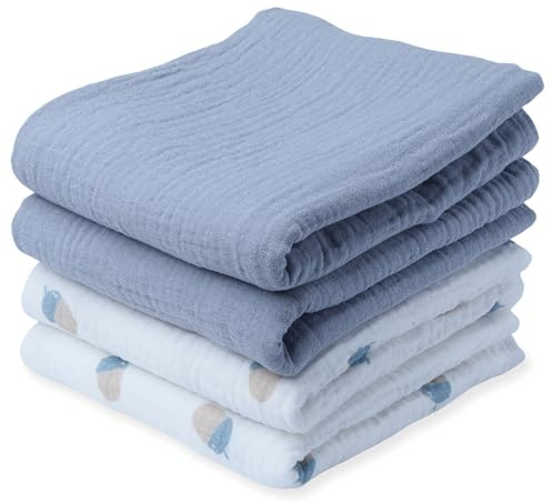 tiny ton Panni di garza per neonati, 100% cotone biologico GOTS, set da 4 (60 x 60 cm), morbidi, assorbenti e traspiranti, per coccole, pulire e coprire (blu)