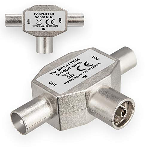 HB-DIGITAL TV-Verteiler für Kabel- DVB-C + Terrestrischen-Empfang DVB-T2 TV-Splitter 2-Wege-Splitter T-Adapter Metallgehäuse TV Antenne 1x Eingang IEC-Buchse weiblich 2X Ausgang IEC-Stecker männlich