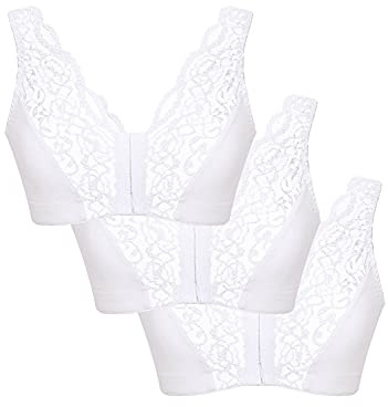 Eden House Ladies Pack of 3 Bra Cotton Lace Front Fastening Magic Bra White 12