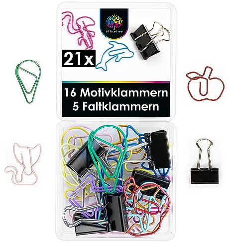 OfficeTree 16 x Büroklammern Motiv - Lustige Büroklammern Set inklusive 5 Foldback Klammern Klein - Binder Clips - Schreibtisch Büroklammern Deko in praktischer Aufbewahrungsbox (Bunt)