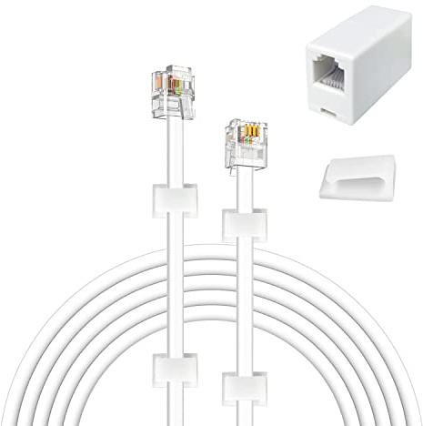 YOLISTIC 30 Feet Telephone Cable(RJ11 6P4C Plug) Include 1 in-Line Couplers(Double RJ11 6P4C Female) and 20 Cable Clips, White