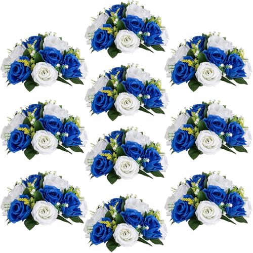 Inweder Wedding Flower Balls Centerpieces - 10 Pcs Artificial Ball Arranget Bouquet, Fake Flowers Rose Weddings, Birthday Party, Valentine's Day, Home Decor, Royal Blue White (0YHQ401I)