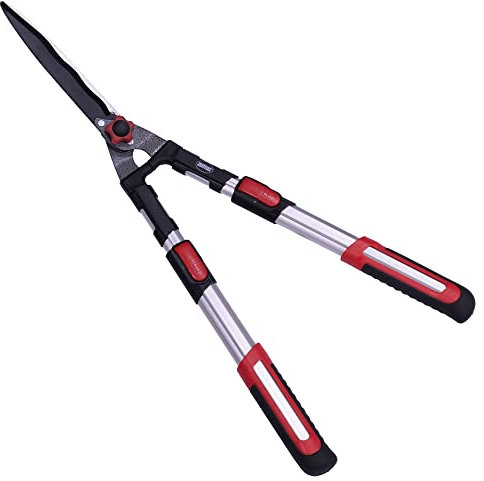 Amig - Tijera Cortasetos Extensible, a Dos Manos, Hoja de Acero Templado Revestido de Teflón, 600 mm, Mango Telescópico de 68 a 88 cm, Filo Ondulado para Corte Óptimo y Preciso