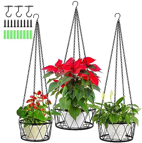 3 Lot Macramé Pot Suspendu, Kalolary Étagère Suspendre Plantes Panier Moderne Suspendre Ensemble Cintres Plantes Plafond Noir Élégant Brillant Support Suspendre pour Porche Balcon Intérieur Extérieur