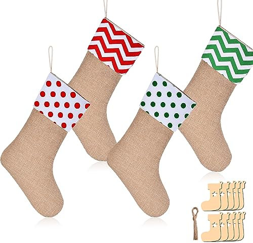 Weihnachtsstrümpfe 4er Pack Nikolausstiefel zum Befüllen Weihnachtsstrumpf Personalisiert Weihnachtssocken Kamin mit 10 Kleinen Holzanhängern für Weihnachtsfeier, Geschenk, Süßigkeiten Dekoration DIY