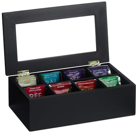 Relaxdays Boîte à thé, 8 Compartiments, Bambou, Couvercle protégeant Le Contenu de la poussière, HLP 9x28x16 cm, Noire