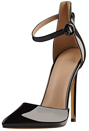 blingqueen Sandales fermées à talons hauts pour femme - Pointes pointues - Escarpins à lanières - Aspect laqué - Noir - 46 EU