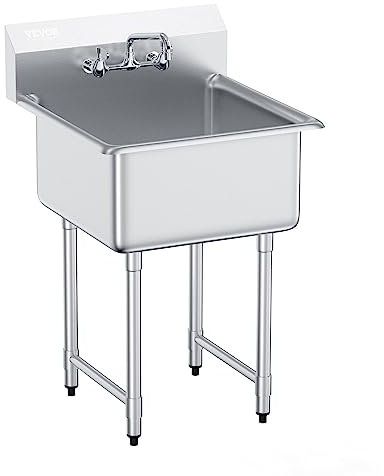 VEVOR Évier de Préparation Utilitaire en Acier Inoxydable, Petit Évier sur Pied à 1 Cuve 61x61 cm avec Robinet et Pieds, Évier Commercial pour Nettoyage Garage, Restaurant, Cuisine, Buanderie