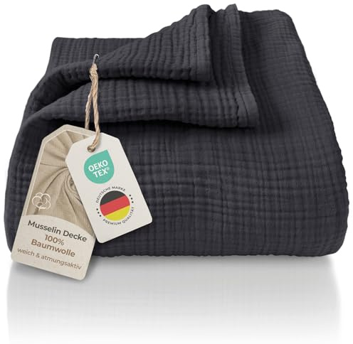 LAYNENBURG Premium Plaid canape Grande Taille en Mousseline 100% Coton – Couvre lit Respirant 4 Couches, Plaid Grande Taille, Jeté de canapé - Couverture légère 220x240 cm de Anthracite