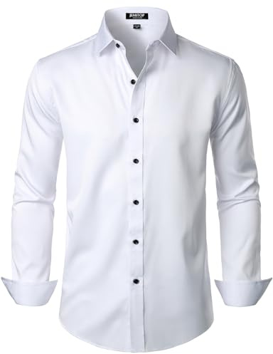 JEMITOP Men's Stretch Wrinkle Free Dress Shirts Formal Wedding Prom Long Sleeve Button Down Shirt White L