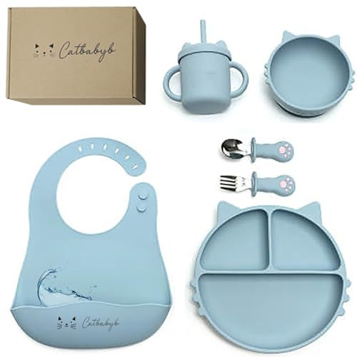 CATBABYB® Set Repas Complet en Silicone pour Bébé – Ensemble avec Assiette à Compartiments, Couverts (Fourchette & Cuillère), Bol avec Ventouse, Tasse Hermétique et Bavoir Réglable – Vaisselle Chat