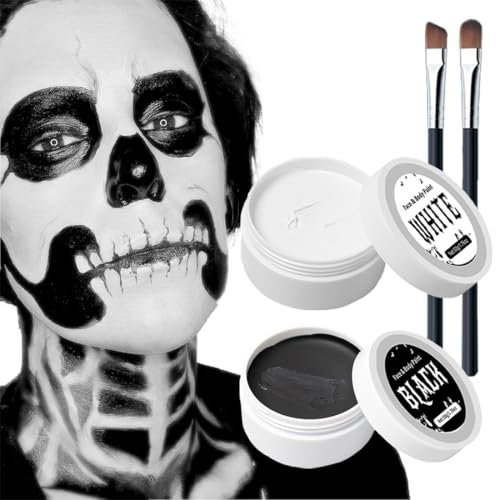 Kit de Peinture Corps Visage Noir et Blanc, 100g Maquillage Halloween Peinture Visage Noir Blanc, Peinture de Visage pour Halloween, avec Pinceau de Maquillage pour Halloween Clown Art Theatre Cosplay