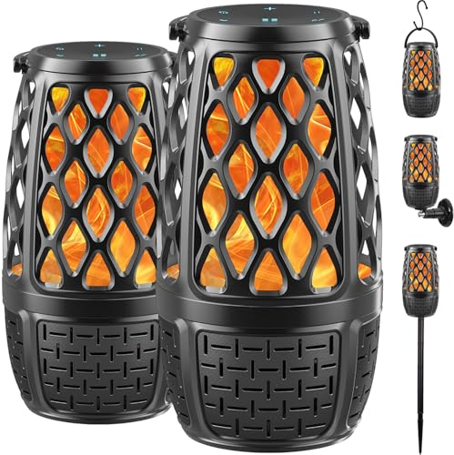 2 Pack Outdoor Bluetooth Speakers, Upgrade Multi-Sync Bluetooth Party Speakers with Flame Light, Built-in 360° HD Stereo Sound, Cool Tech Gadgets Upgraded IPX7 Waterproof for Patio Porch, Gift for Men