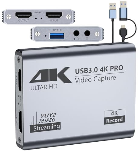 Video Capture Card, USB 3.0 High-Speed Interface, 1080P 60FPS/2K 30FPS/4K 18FPS Game Capture Recording, Compatible for PS5/Switch/Xbox/Camera/PC/OBS, with 4K 60FPS HDMI Loop-Out & Micro Input