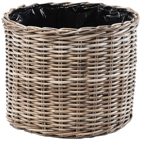 Kobolo Pflanzkorb DREVO 49x49x40 cm, Ø 43 cm rund, Grauer Rattankorb mit Folie, dekorativer Übertopf für Pflanzen, Kräuter, Garten, Balkon, Terrasse, Innen- & geschützten Außenbereich