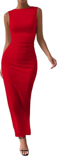 Zesoyne Womens Maxi Dress Sexy Sleeveless Bodycon Round Neck Elegant Long Dresses for Party Wedding Cocktail L Red