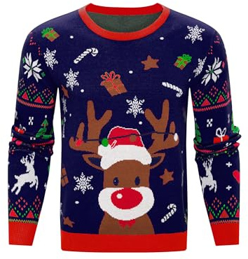 Litherday Pull de Noel Homme Moche Col Rond Pullover Tricoté Manche Longue Hiver Chaud Sweat Renne Flocons de Neige Bleu Marine L