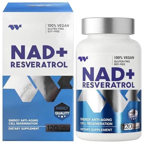 NAD Supplements, NAD Plus & Resveratrol Supplement, Cellular Support Formula Gluten Free Soy Free Daily Routine, 120 Vegan Capsules