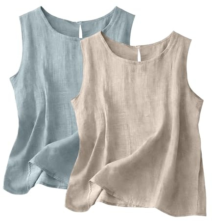 2 Pack Linen Vest Tops for Women UK, Summer Cotton Sleeveless Tops Crew Neck Lounge Vests Lightweight Breathable Cami Solid Color Plain Casual Tee Shirts Trendy Blouse Ladies Tank T-Shirt