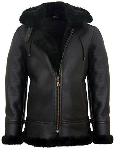 Infinity Leather Bomber con Cappuccio Marrone e Nero da Uomo in Vera Pelle di Montone da Pilota Stile Aviatore B3 M
