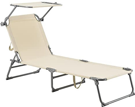 [en.casa] Sonnenliege mit Dach Getaria Liegestuhl klappbar Strandliege bis 115 kg Gartenliege mit Rückenlehne verstellbar Stahlgestell Beige