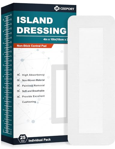 Ceeport Island Dressing Bordered Gauze 4x10, 25 Individually Packed Non-Stick Pad in Center with Adhesive Border,Soft & Highly Absorbent Medical Grade Dressing Gauze Pad for Wound Care and First Aid