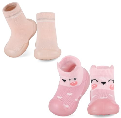 MK MATT KEELY 2 Pairs Baby Shoes Toddlers Sock Shoes Baby Girls Soft Pre Walkers with Anti Slip Rubber Sole,Pink+Fox,6-12 Months