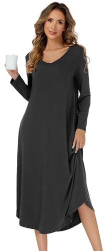 SHCNSJC Chemise de Nuit Femme Longue col V Manches Longues Chemise de Nuit pour Femme Hiver Robe de Nuit Longue Allaitement avec Poches