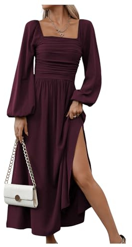 Floerns Women's Square Neck Lantern Long Sleeve Dress Split Ruched Party Midi Dresses Maroon Small