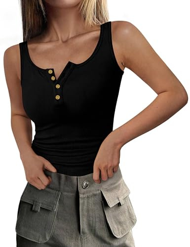 DUOEASE Debardeur Femme Côtelé avec Boutonnière Top Femme Ete 2025 Col Rond sans Manches Haut Femme Sexy