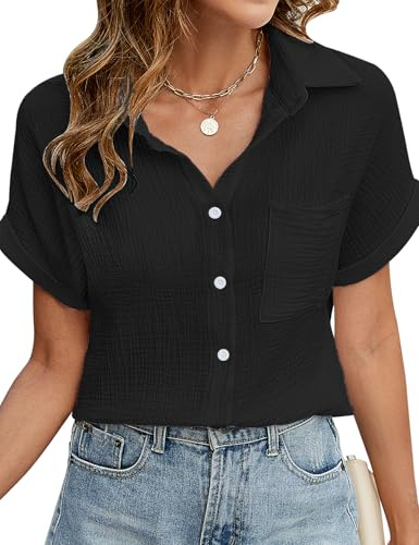 Niwicee Chemisier Femme Chic et Élégante 100% Coton Chemise Col en V Manches Courtes Chemisiers et Blouses Haut Décontracté T-Shirts Été Tunique Tops avec Boutons(Noir,S)