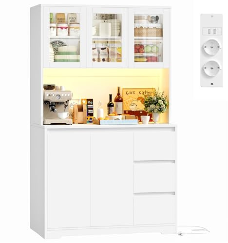 FirFurd Credenza Cucina, Credenza Alta con Luci a LED e Prese, Mobile Buffet con Cassetti e Armadi, Ripiani Regolabili, per Cucina, Soggiorno, Studio180x100x38,5cm (Bianco)