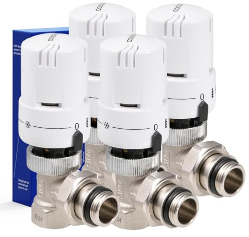 VANCOCO 4 Pièces Robinet Thermostatique 1/2 (15×21), Raccord Étanche, Régulateur de Radiateur, Coude en Équerre, Blanc, Sonde Liquide, Protection Anti-Gel, Norme EN215