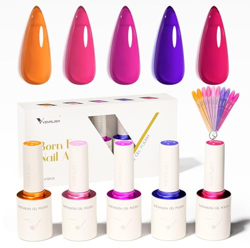 VENALISA Gel Nail Polish Set 5 Colours Semi-Transparent Orange Pink Purple Red Gel Polish With DIY Nail Tips & Colored Labels Collection Soak Off UV Gel Classic Nail Art Manicure for Holidays 2510