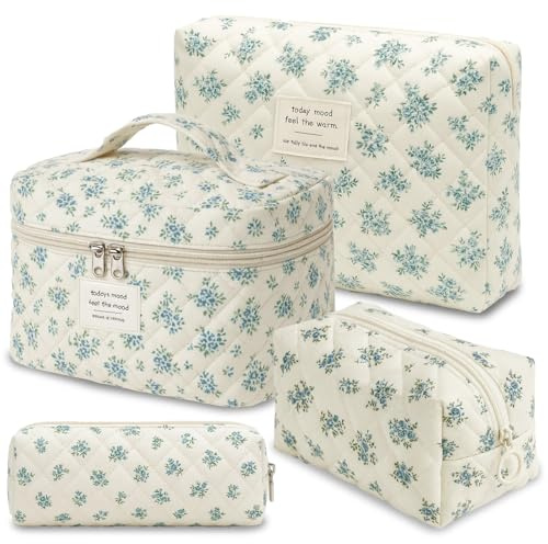 KELAV Juego de 4 Neceseres de Viaje, Estuche de Maquillaje Grande de Algodón Acolchado con Estampado Floral, para Cosméticos y Artículos de Aseo​​