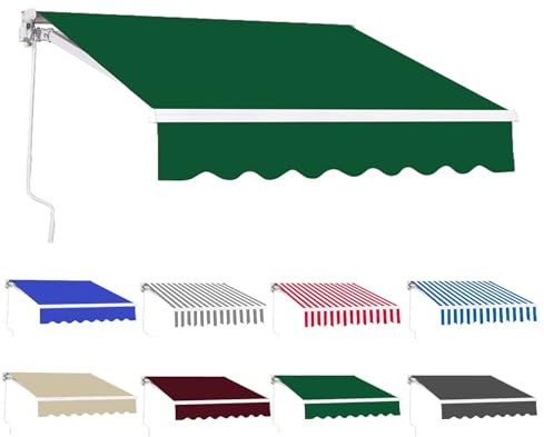 Toldo retráctil para patio, parasol manual plegable con manivela, marco de aluminio impermeable y resistente a los rayos UV, para patio, balcón, restaurante, color verde, 400 x 300 cm