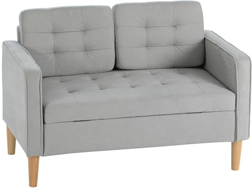 HOMCOM Sofá de 2 Plazas con Espacio de Almacenamiento, Sofá Moderno de Terciopelo con Patas de Madera, Respaldo Capitoné, para Salón, Dormitorio, Oficina, 117x62x78 cm, Gris Claro