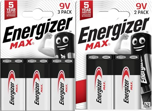 Energizer Max - Pila 9V Alcalinas (Paquete de 5) - Baterías de 9 Voltios - para Detector de Humo/monóxido de Carbono, electrónica y Audio - Construcción 100% a Prueba de Fugas - 5 años de Vida útil