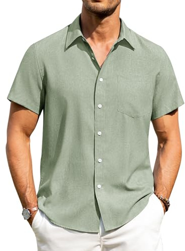 Alimens & Gentle Mens Short Sleeve Linen Green Shirts Regular Fit Casual Summer Beach Button Down Shirt with Pocket M