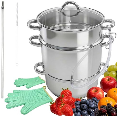 IPRETTI 10 PCS Stainless Steel Induction Steam Juicer for Fruit & Vegetable Juice Extractor Family Size with Glass Lid, 2 Hoses, Clamp & Loop Handles, One Pair Silicon Gloves and Tube Brush