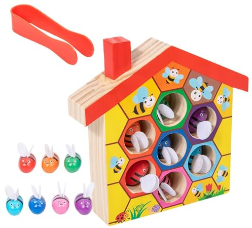 Wooden Bee Hive Toy - Wood Color Sorting Puzzle Fine Motor Skill Toy, Parent-child Interaction Color Puzzle, Hand Eye Coordination Sensory Game