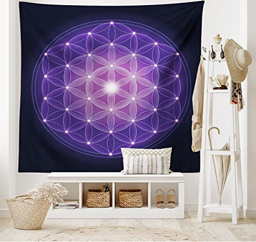 ABAKUHAUS Blume des Lebens Wandteppich, Blume des Lebens Sterne aus Weiches Mikrofaser Stoff Waschbar ohne Verblassen Digitaldruck, 150 x 110 cm,Dunkelblau Violett