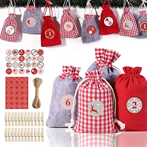 Zueyen Kit per calendario dell'avvento natalizio 2025, crea il tuo calendario dell'Avvento, grazioso calendario fai da te per conto alla rovescia di Natale con sacchetto di iuta con coulisse per